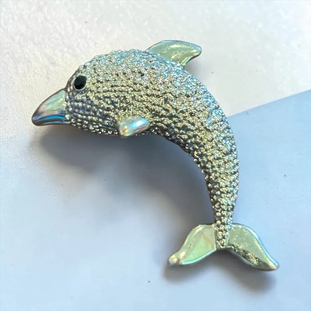 Vintage Leaping Dolphin Brooch Textured Silver Tone Ocean Coastal Nautical Pin